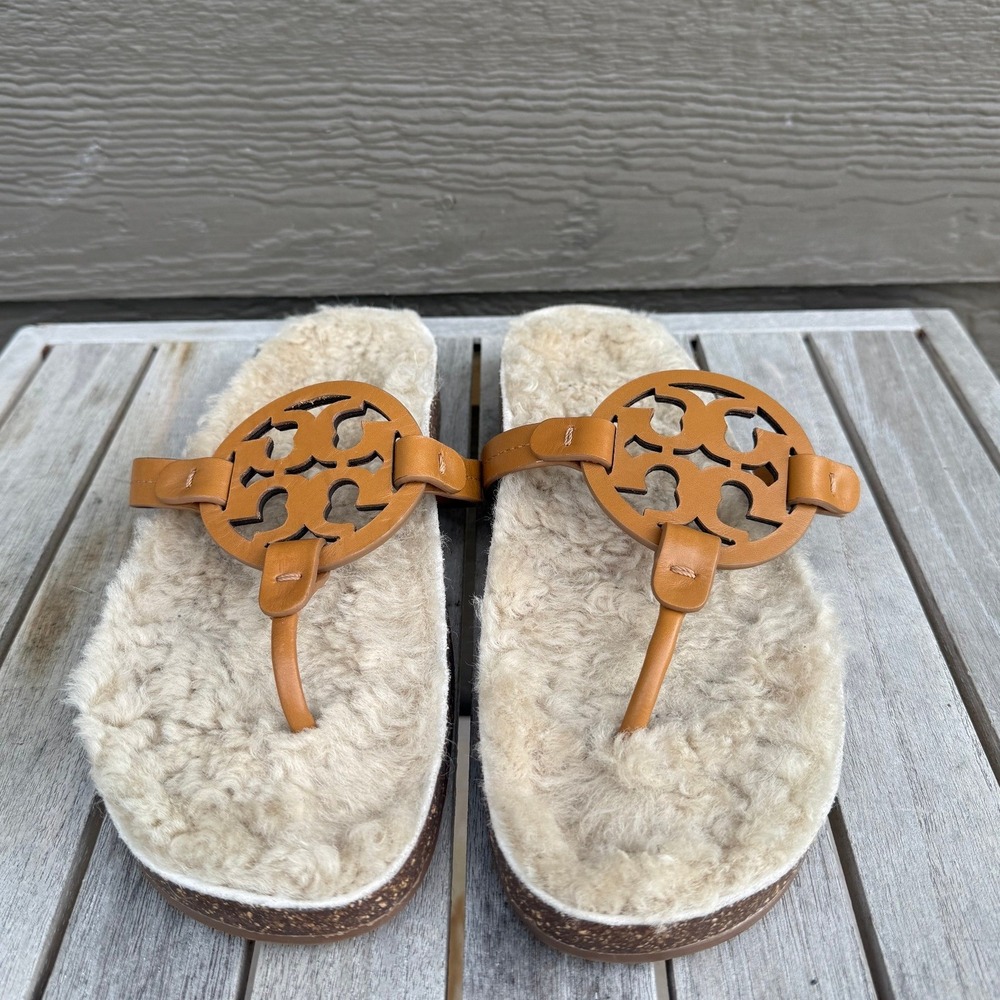 Tory Burch Miller Cloud Shearling Thong Sandals Tan and White Size 9